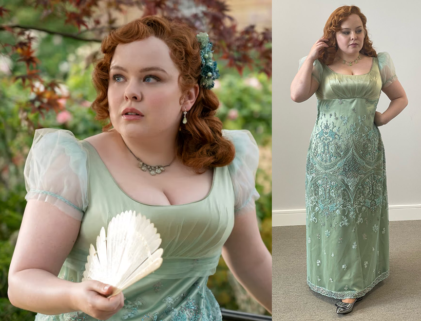penelope bridgerton season 3 green dress Apple-Green Pink Lace Trim Mini-dress main image 0