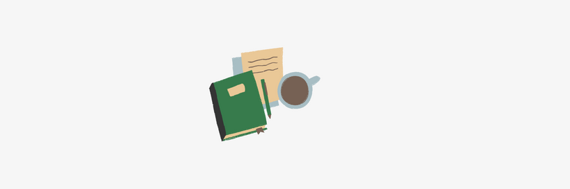 A graphic with an illustration of a book, pen and paper, and a coffee mug in the center of a gray background.