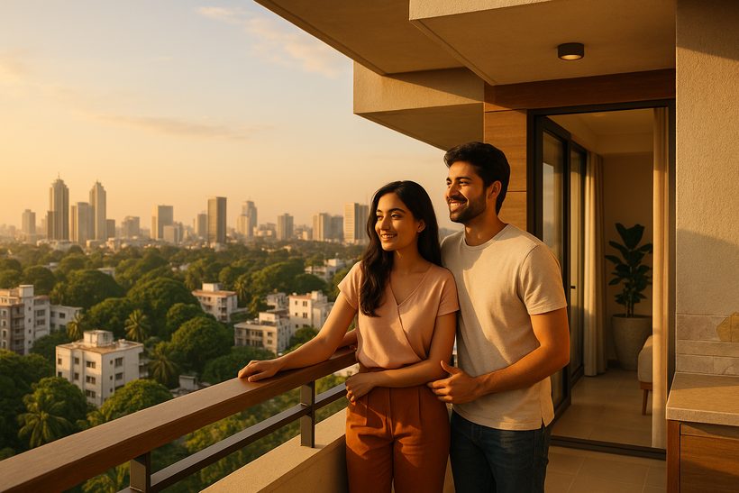 Scene of a young couple standing on the balcony of a modern apartment in Bengaluru, India, during golden hour.