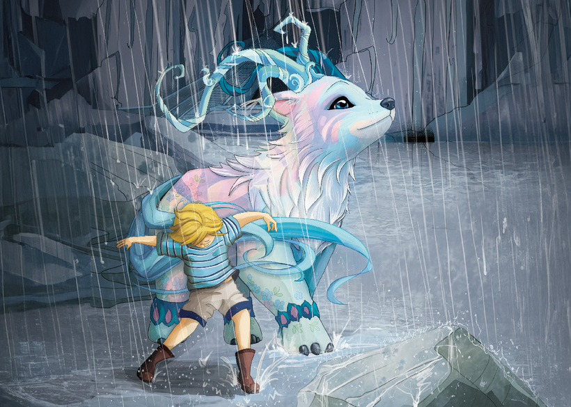 Illustration numérique d’un enfant en tenue légère, accompagné d’un loup géant aux cornes et à la fourrure bleutée, sous une pluie battante dans un décor de grotte. L’ambiance est à la fois mystérieuse et magique