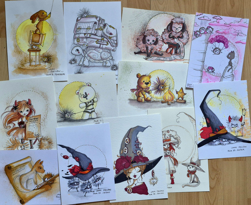 Collage de douze illustrations originales réalisées à l’aquarelle pour le défi Inktober, représentant des scènes variées : un lapin sur scène, une tortue voyageuse, des animaux anthropomorphes, des personnages fantastiques, et des scènes poétiques ou humoristiques.