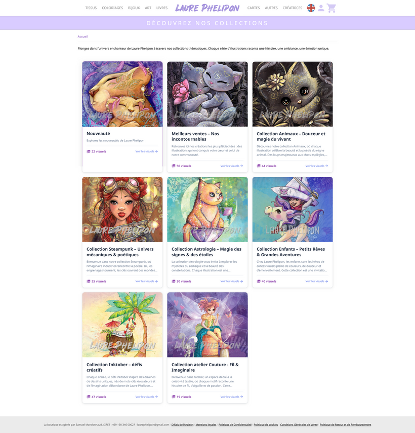 Boutique Laure Phelipon, présentant différentes collections thématiques d’illustrations : animaux, steampunk, astrologie, contes pour enfants, et défis créatifs comme Inktober. Chaque collection est illustrée par une image représentative et accompagnée du nombre de vues et d’un bouton pour voir les visuels