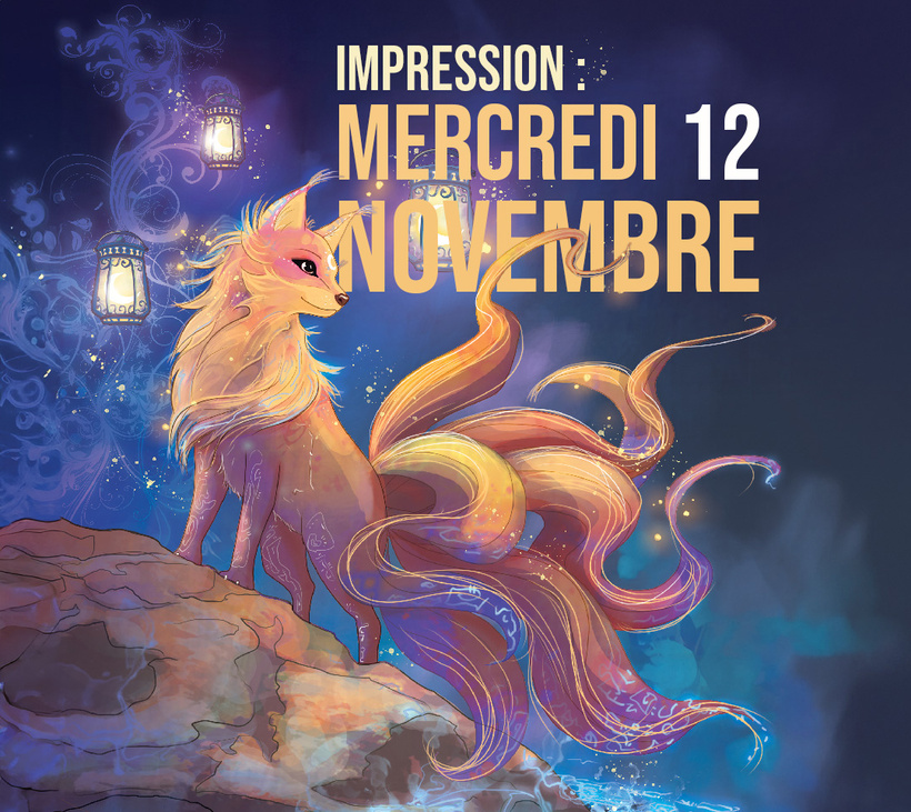 Affiche annonçant une impression de tissu disponible jusqu’au mercredi 12 novembre, illustrée par un renard stylisé aux crins dorés et fluides, entouré de lanternes flottantes dans un décor nocturne.