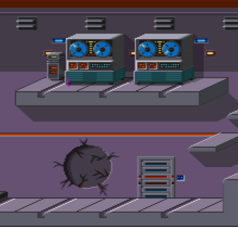 The image shows a section of room 19 with the boos location (but without the boss!). On the top floor there are some reel-to-reel computers.