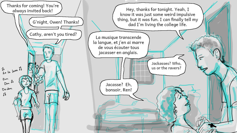 The rave is over and Cathy and Ren go upstairs