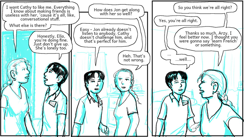 Ella and Maurice continue to discuss the language barrier