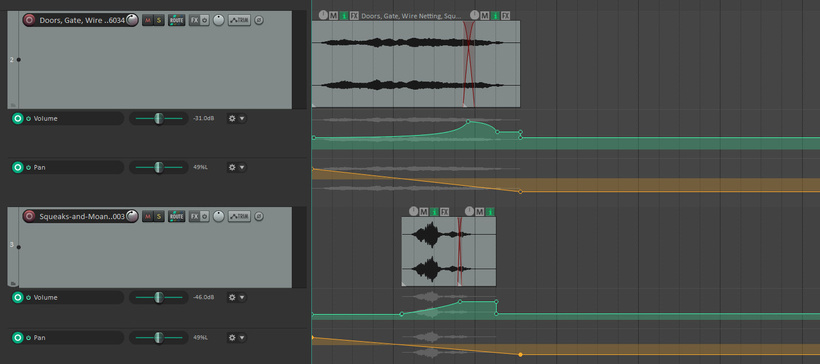 screenshot of the DAW Reaper showing the two audio tracks, volume fading in and spiking and then trailing off, the longer sound is trimmed slightly, and the shorter sound comes in at the halfway part, and is also trimmed.