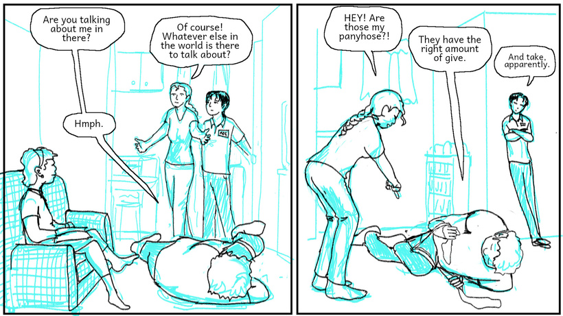 Ella and Maurice leave the bedroom to find Jon on the floor doing leg exercises