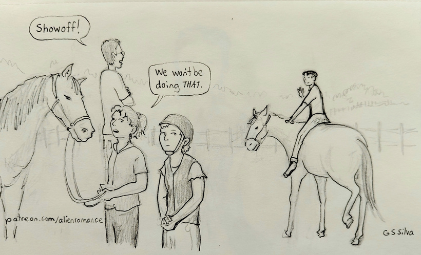 Cathy is getting horseback riding lessons while Maurice goofs around bareback behind her