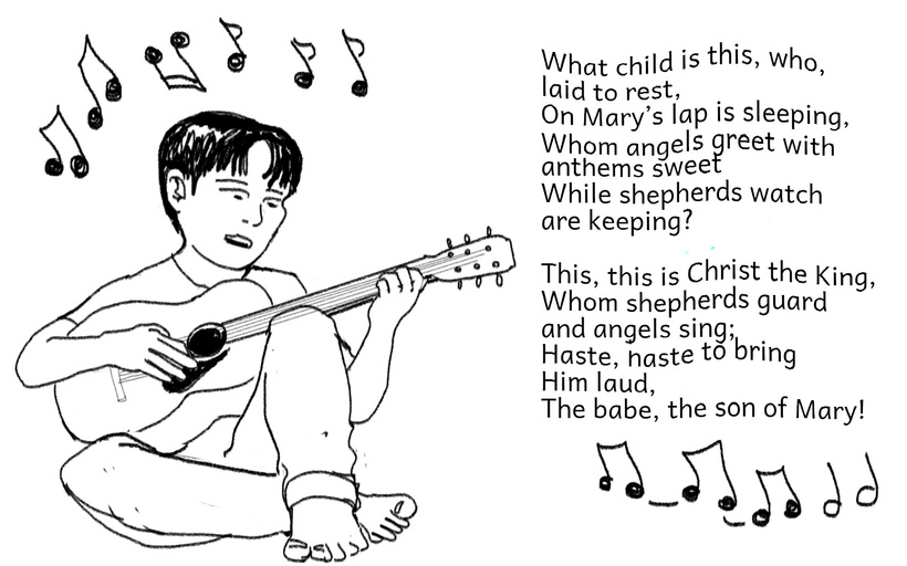 Maurice is singing Greensleeves while sitting on the floor