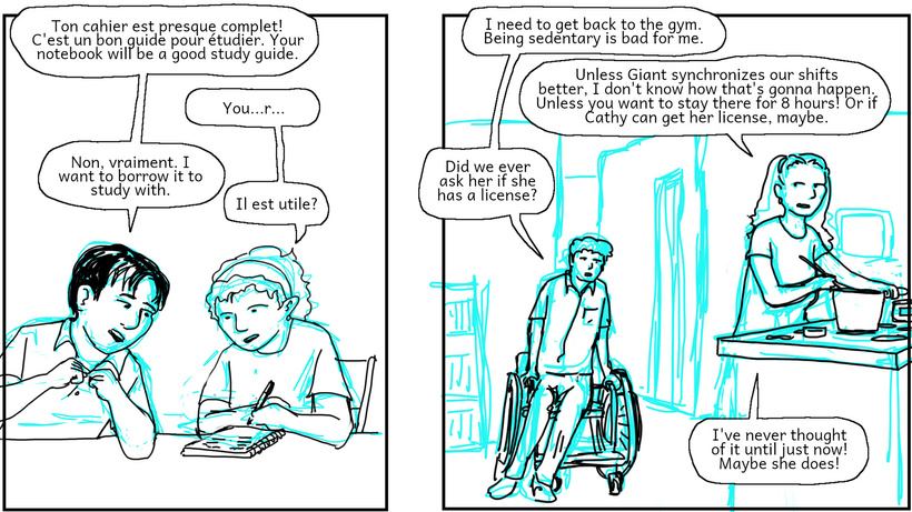 Cathy studies English and Ella is tired of driving