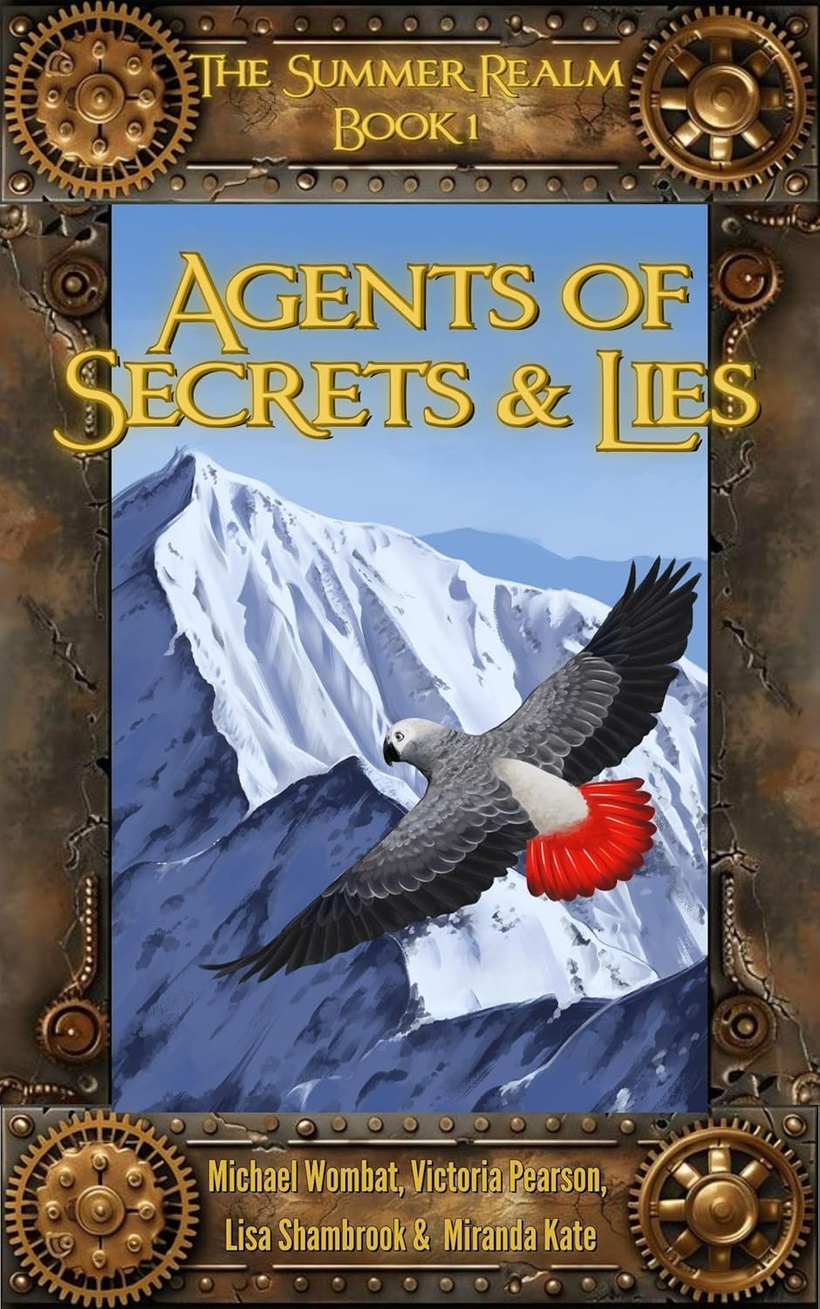 A book cover with a grey and red parrot flying high over snow-covered mountains.