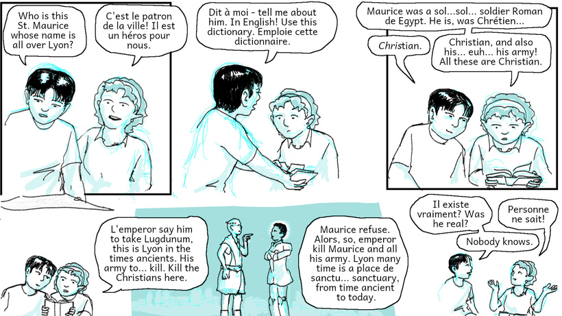 Maurice is curious about the story of Saint Maurice so Cathy explains it in her best attempt at English