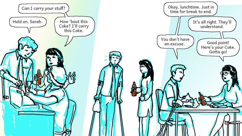 Jon buys lunch in the office cafeteria while Sarah tries to help