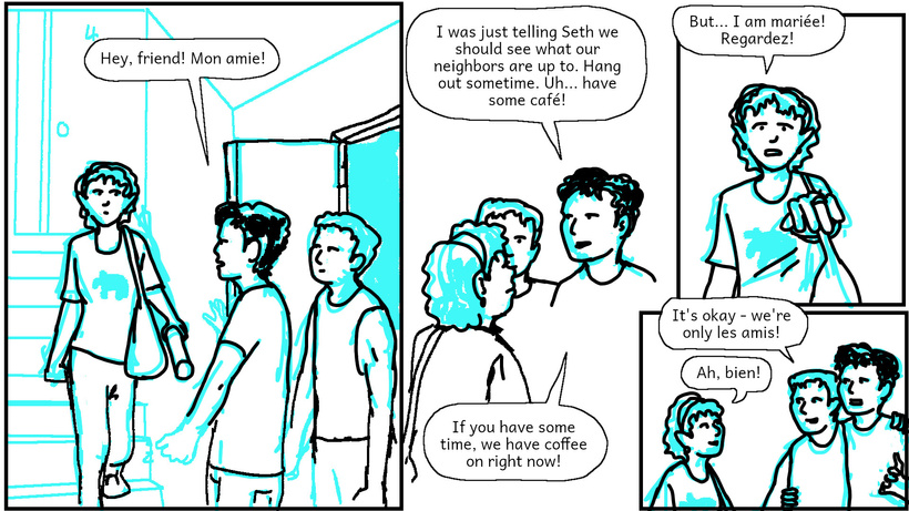 Cathy runs into the downstairs neighbors Owen and Seth