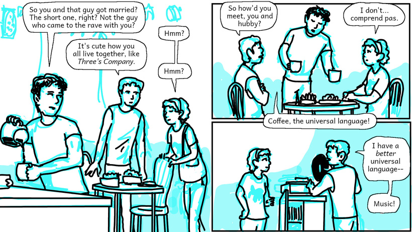 Cathy takes coffee with her neighbors