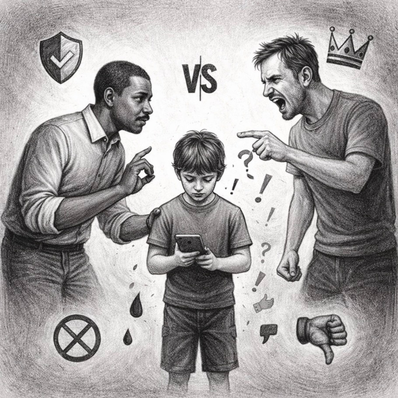 dvaja-dospeli-muzi-partneri-stoja-oproti-sebe-a-hadaju-sa-kym-male-dieta-medzi-nimi-pozera-do-mobilu-a-uzatvara-sa-do-seba-pocit-chaosu-tlaku-a-emocnej-neistoty