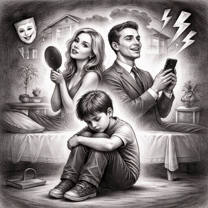 smutne-dieta-sedi-na-zemi-s-kolienkami-pritiahnutymi-k-hrudi-zatial-co-usmievavi-rodicia-za-nim-ignorovane-pozeraju-do-telefonu-a-zrkadla-pocit-osamelosti-a-emocneho-opustenia