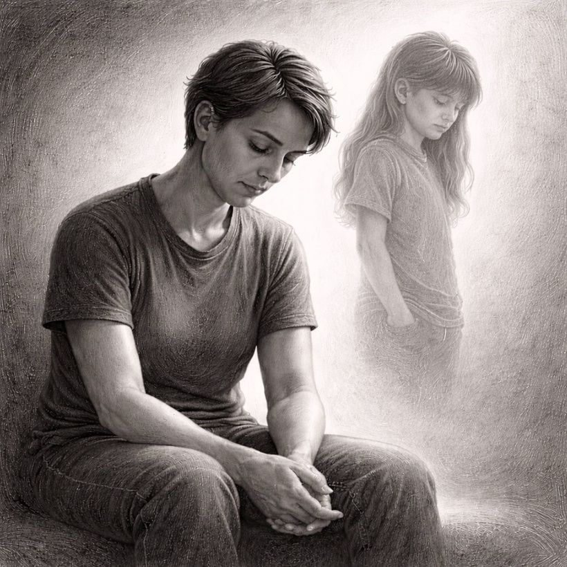 dospela-zena-sedi-pokojne-so-sklonenou-hlavou-a-za-nou-stoji-jej-detske-ja-ako-tichy-tien-pocit-pochopenia-vnutorneho-zmieru-a-hojenia-minulosti