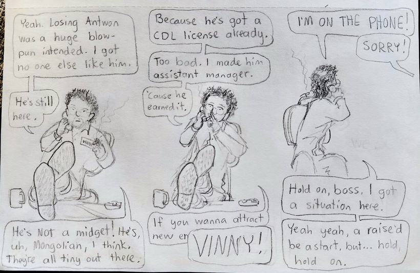 Vinny is talking to his boss on the phone