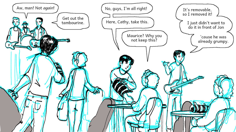 Maurice cant play his guitar with the brace on either but he takes it off for his gig tonight