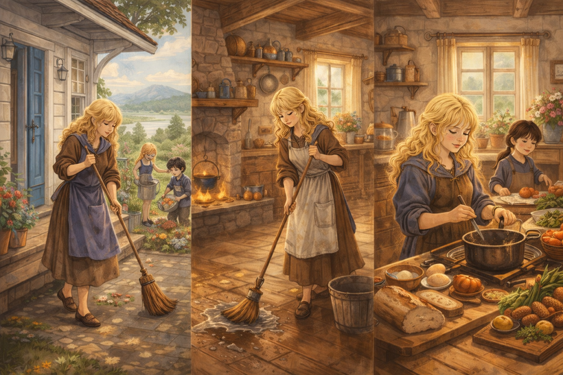 A blond girl moving through everyday household work. She swept the stone path outside a small cottage, with flowers, open doors, she cleaned the stone floor inside the kitchen, holding a broom beside a bucket, with shelves of pots, jars, and a lit hearth around and she cooked at a wooden table, stirring a pot on a small stove while a child prepared food nearby. Warm sunlight, wooden beams, and stone walls connected everything, emphasizing a quiet routine of domestic life.