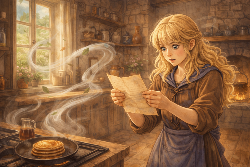 A blond young girl stood in a stone kitchen, holding a folded letter with both hands and looking down at it. She wore a brown dress with a blue apron tied at the waist and her eyes were wide as she read.