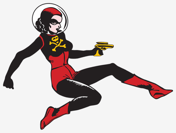 A lady space fighter in a red space suit with a yellow space gun