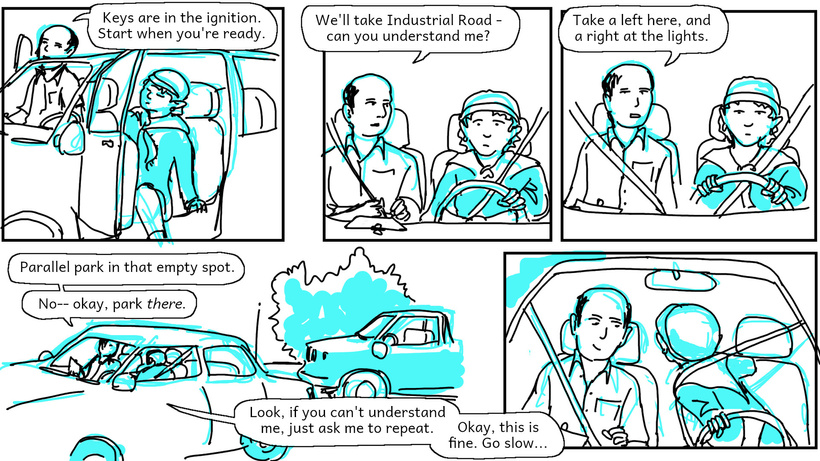 Cathy takes the driving portion of the license exam