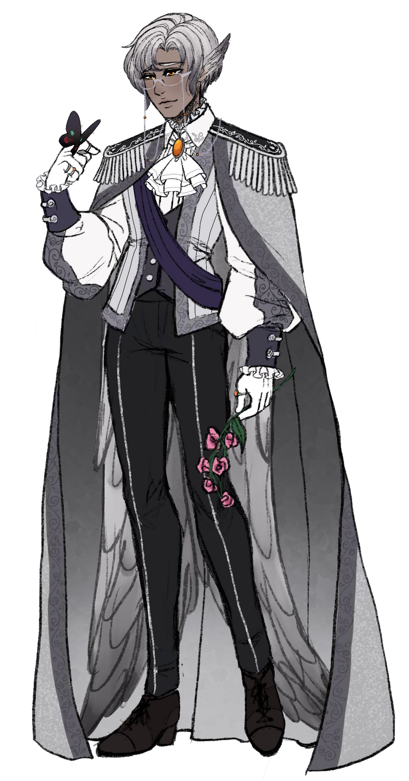 Full body digital artwork of a silver haired winged man wearing a silver princely uniform. He holds a flower in his lowered left hand and props up a butterfly on the right.