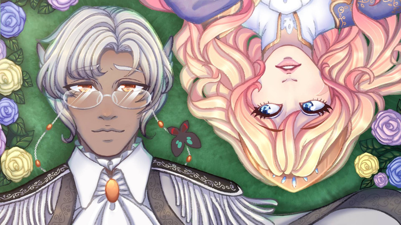 A man and woman laying in a field of roses