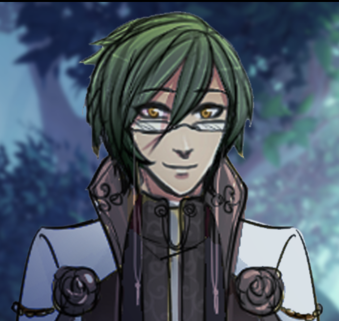 Digital bust artwork of a bespectacled man with green hair and gold eyes