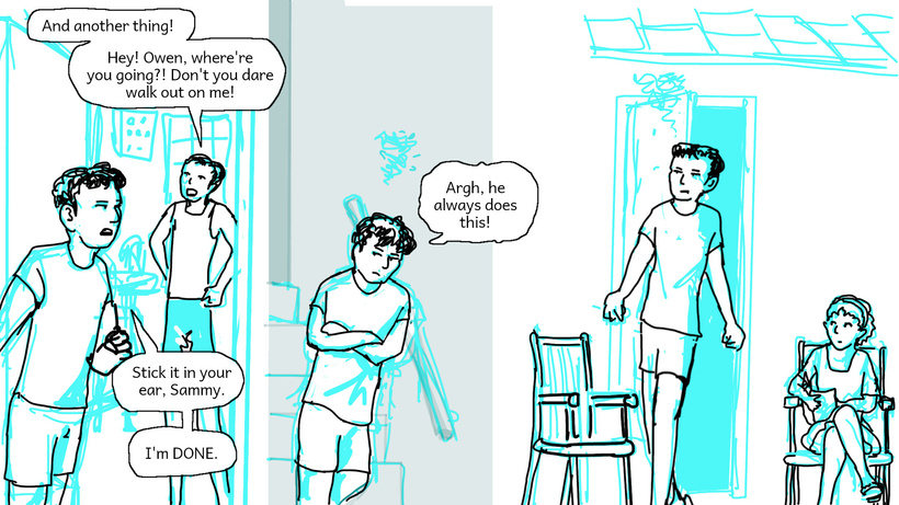 The two raver dudes who live downstairs from Ren Cathy and Maurice are arguing and Owen storms off and goes downstairs to sulk on the porch where Cathy is sitting reading a magazine