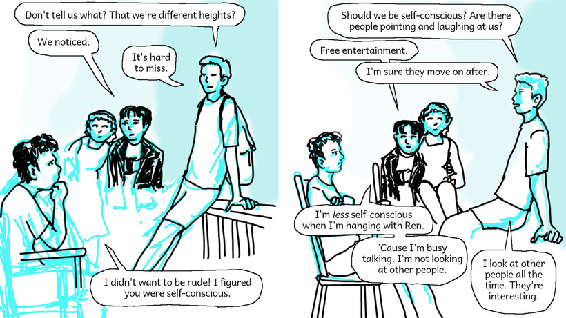 Owen is embarrassed but Maurice and Ren assure him that they have already noticed the height difference and are not offended