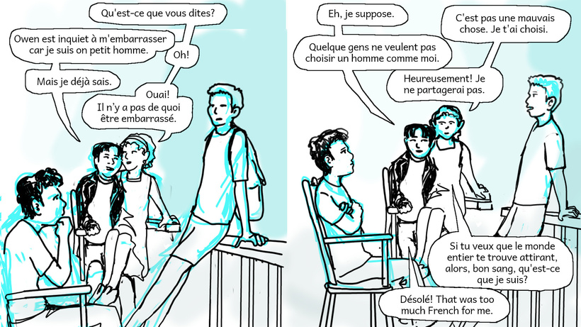 Two conversations happen at once Cathy and Maurice speaking in French here