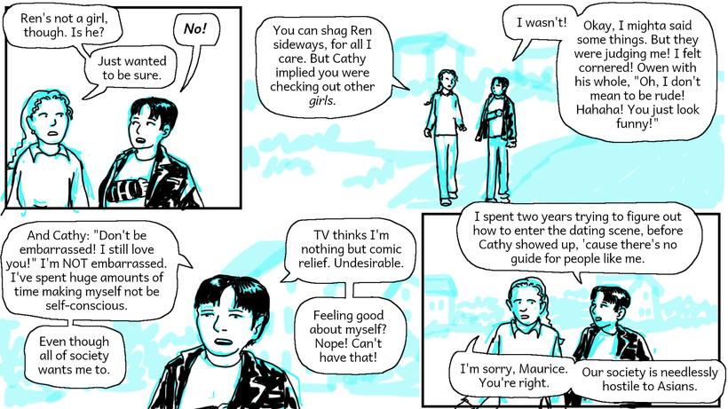 Ella and Maurice walk down the street talking