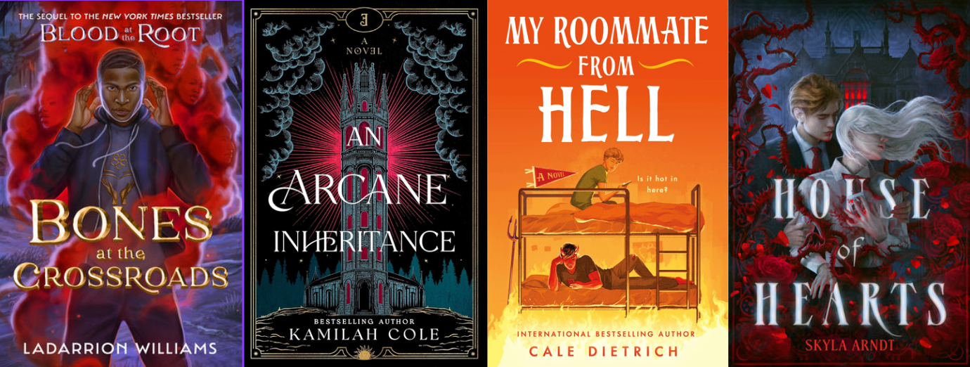 Four book covers side by side: Bones at the Crossroads, where a Black young man is surrounded by a cloud of spirits in red smoke; An Arcane Inheritance, which features a stylized tower with red beams coming from the upper levels; My Roommate from Hell, which shows college bunkbeds, with a pale young man on the top bunk and a demon on the bottom; and House of Hearts, in which a pale, white haired girl is turned away from a russet haired boy, both of them surrounded by red vines