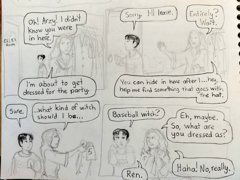 Ella enters her bedroom to get into her costume but Maurice has been hiding in there