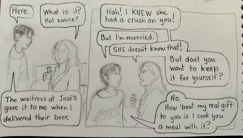 Maurice reaches into his pocket and gives her a bottle of hot sauce