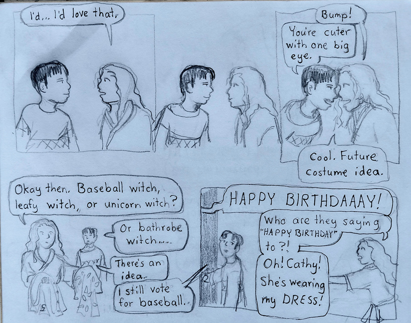 Ella cant decide what outfit to wear with the witch hat but hears people shouting happy birthday