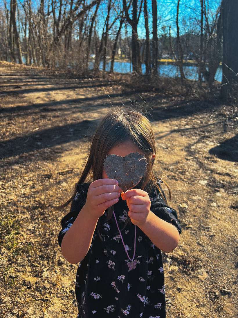 A photo of my daughter on a hiking trail, there's water in the background behind the trees. she found a heart leaf and is holding it in front of her face so i could take a picture. 