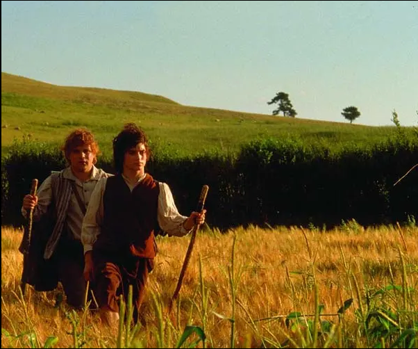 a photo of frodo and sam walking out of or through the shire, i'm not totally sure