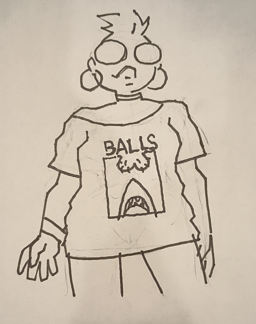 A little sketch of Val in a JAWS shirt but instead of JAWS it says BALLS and the shark is heading up toward some balls rather than a swimmer