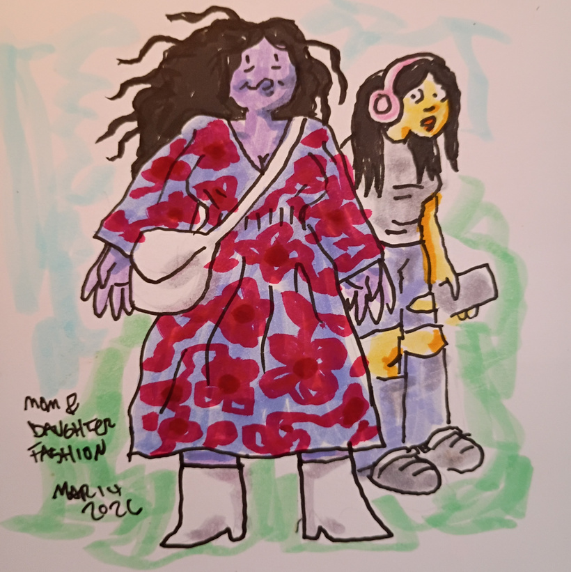 a color sketch of a lady in a flowy dress in blue and dark red pattern, white purse, and white boots, and her teen daughter with headphones, t-shirt, ripped jeans, and some comfort shoes