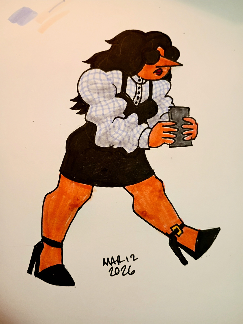 A drawing of a lady in a black dress over a puffy shirt with a light checkered or lined pattern plus heels. She's holding her phone in front of her with both hands as she walks