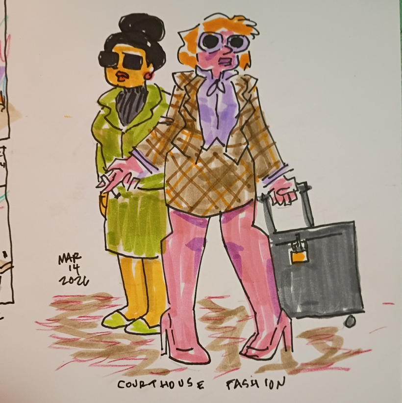 A sketch of two women. One is wearing a plaid mini skirt suit and heels the same color as her skin and holding a cigarette in one hand and the handle of a rolling block file box on the other. The other, standing behind her is dressed more conservatively and turtleneck, matching jacket and skirt, and flats.