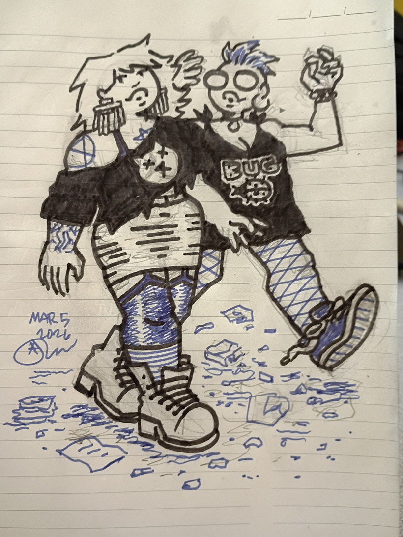 A notebook sketch of Tori and Val in the 90s