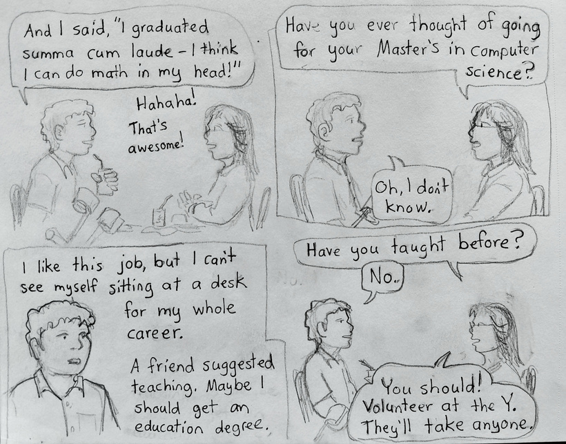 Jon has lunch with his coworker and she suggests higher education