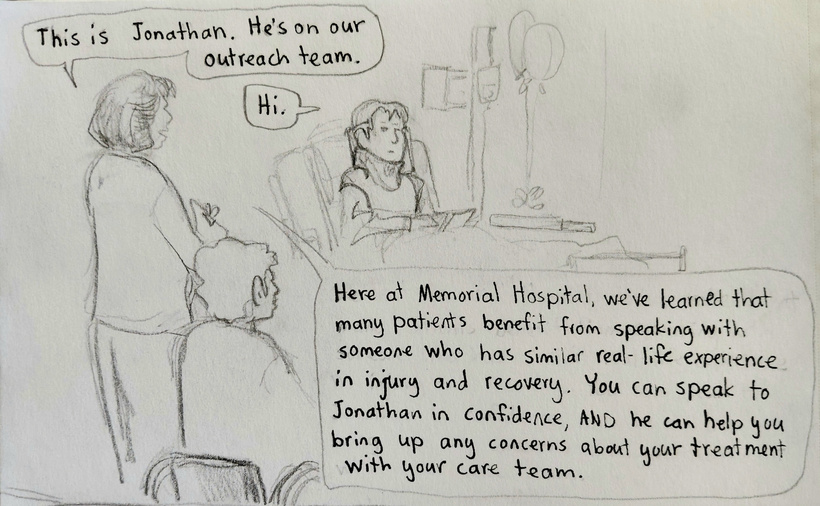 Karen the volunteer coordinator introduces Jon to the patient he will mentor