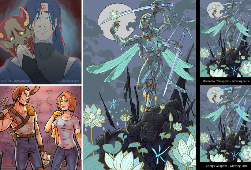 A collage of art featuring various character portraits, including a young man holding an oni mask, April and Casey from TMNT, and an insectoid warrior holding a lotus.